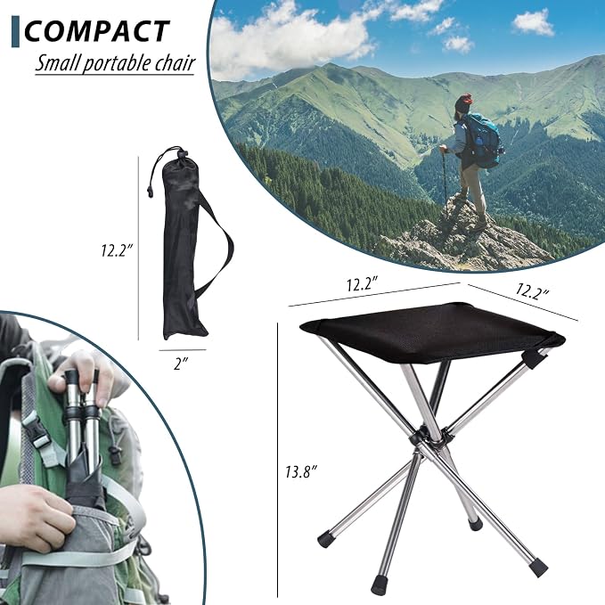 13.8in Portable Camping Stool, Compact Lightweight Folding Chair for Adults | 1.32 lb Weight, 12.2in Seat, 1800D Oxford Fabric, Stainless Steel Legs and Carry Bag for Camping, Fishing, Hiking and Travel
