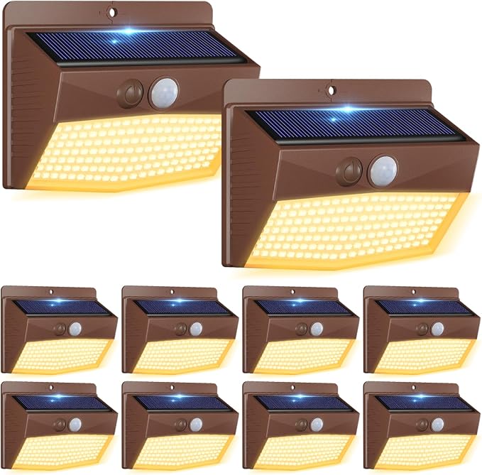 10 Pack Solar Motion Sensor Lights Outdoor Waterproof with 3 Modes | Warm White, Brown Frame, LED, Solar Powered, Security Lighting for Outside Wall Garden Fence Yard Deck Patio Garage