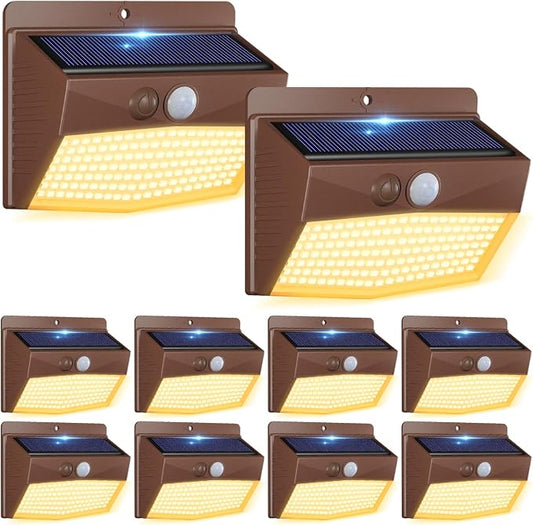 10 Pack Solar Motion Sensor Lights Outdoor Waterproof with 3 Modes | Warm White, Brown Frame, LED, Solar Powered, Security Lighting for Outside Wall Garden Fence Yard Deck Patio Garage