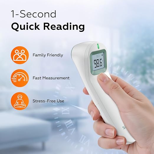 Baby & Adult Forehead Thermometer, Non-Contact, FDA Cleared | 1-Second Infrared Reading, +/-0.4F Accuracy, Dual-Mode Forehead & Object, LED Fever Alert, 35-Memory, AAA Batteries Included