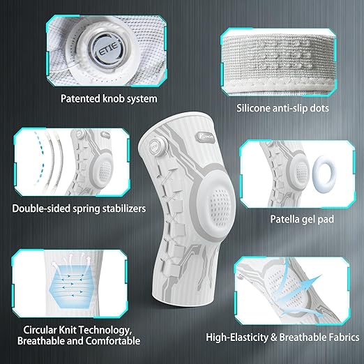 Kuangmi Knob Knee Brace for Pain Relief, Knee Support with Patella Gel Pad & Side Stabilizers, Compression Knee Sleeve for Workout, Arthritis, Joint Pain, Meniscus Tear (White,Left,X-Large,Single)