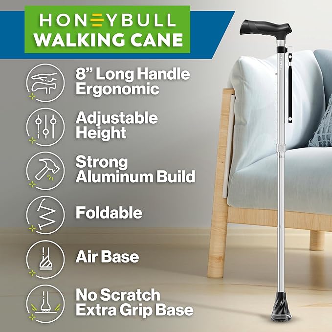 HONEYBULL Walking Cane for Men & Women – Foldable, Adjustable, Lightweight Cane with Air Cushion Tip for Stability & Ergonomic Grip, Heavy Duty Walking Sticks for Seniors