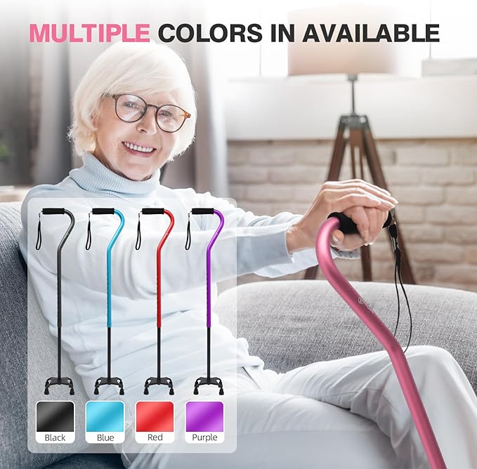 BeneCane Quad Cane Adjustable Walking Cane with Offset Soft Cushioned Handle for Men & Women Lightweight Comfortable with 4-Pronged feet for Extra Stability
