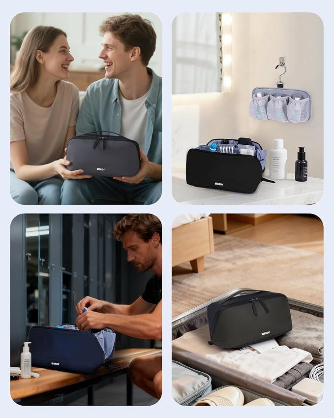 WANDF PU Leather Toiletry Bag for Men, Dopp Kit with Hanging Pouch | Water-Resistant Fabric, Travel Bag for Toiletries, Compact Storage, Shaving Accessories, Weekend Trips