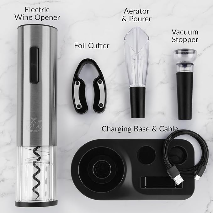 Zulay Kitchen Electric Wine Opener 4-Piece Gift Set with Charging Base - Foil Cutter, Aerator & Pourer, Vacuum Stoppers - Automatic Wine Bottle Corkscrew Opener For Smooth & Fast Uncorking
