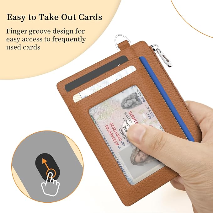 Hancynir Brown Minimalist Small Wallet Women Credit Card Holder RFID Slim | Zipper Pocket Wallet, Thin Travel Coin Purse, Ladies Women Mens Gifts, Cute Card Case, 6 Card Slots, ID Window, PU Leather