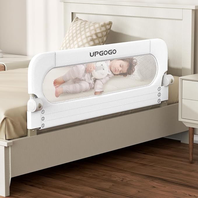 UPGOGO Folding Bed Rail for Toddlers, White, 43" L x 23.6" H | U-shaped base，Reinforced Anchors, Built-in Sponge , Secure lock