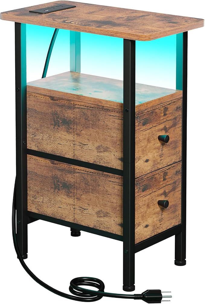 Narrow End Table with Charging Station, Small Nightstand | Skinny Side Tables Living Room with 2 Fabric Drawers, Slim Bedside Table with LED Lights for Bedroom, Small Spaces, Brown