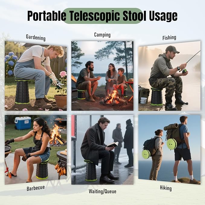 Doseno Portable Collapsible Stool, Pop Up Stool, Retractable Camping Seat | Height range 2.4-17.5 in; thickened PP, 2 lb design and shoulder strap for fishing, hiking, BBQ, travel, and outdoor use.