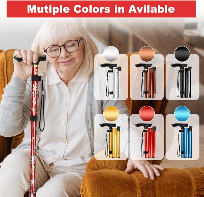 MFE Folding Cane, Portable 5-Level Adjustable Height Walking Stick with Foldable Design, Wrist Strap, and T Handle for Men and Women