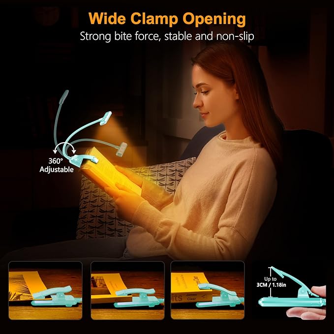 Gritin 19 LED Rechargeable Book Light for Reading in Bed with Memory Function- Eye Caring 3 Color Temperatures,Stepless Dimming Brightness,80 Hrs Runtime Clip on Light for Book Lovers-Blue