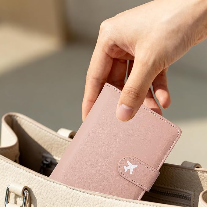 Passport Holder, Cute Travel Wallet Cover with RFID Blocking,Pink | PU leather travel wallet with magnetic closure, card slots, pen loop, and easy access for passports and essentials.