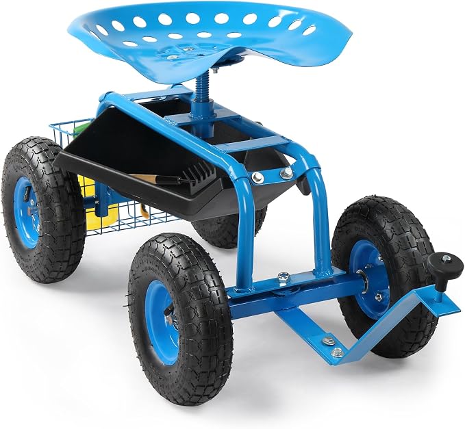 VINGLI Garden Cart with Rolling Seat, Wheels, Steering Handle & Utility Tool Tray, Planting Wagon Scooter, Gardening Tool for Senior, for Patio, Backyard, Lawn & Outdoor (Blue)