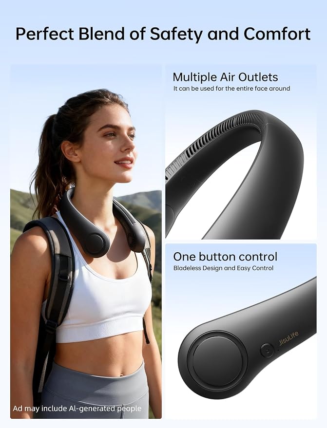 JISULIFE Portable Neck Fan, Hands-Free Bladeless, 5 Speeds, 4000 mAh | Battery Operated Wearable Personal Fan, Twistable, Rechargeable Travel Essentials, Gifts for Women Men-Black