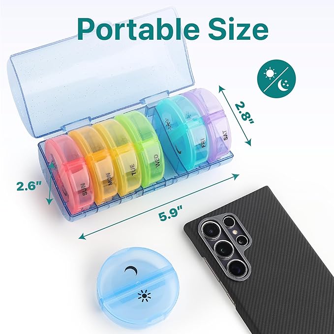 Sukuos Weekly Pill Organizer 7 Day 2 Times a Day, Large Daily Pill Box Easy to Open, Portable AM PM Pill Case for Medicine/Vitamin/Fish Oil/Supplements (Glitter Blue)