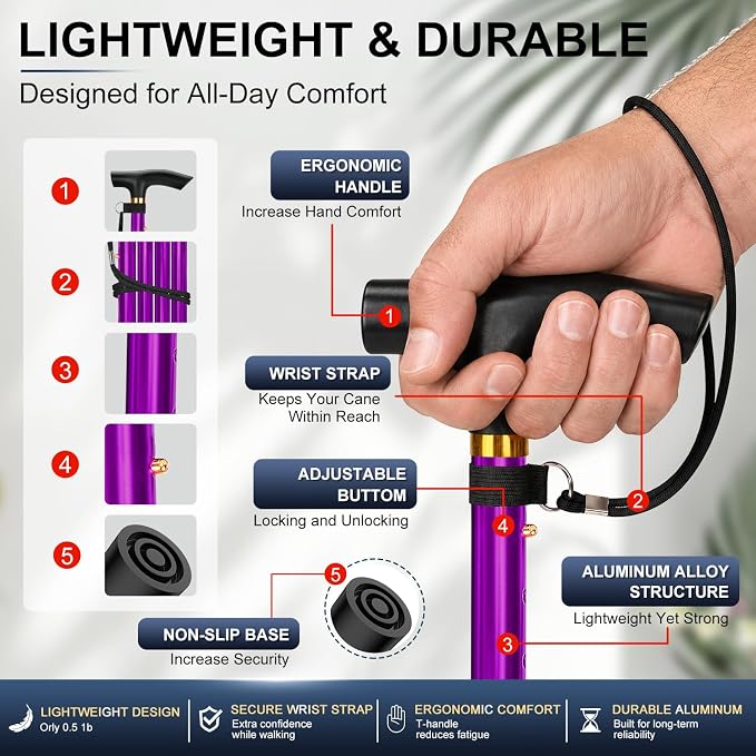 supregear Folding Cane, 5-Level Adjustable Height Walking Stick Lightweight Collapsible Portable Travel Cane with Wrist Strap and T Handle for Elderly Disabled Men Women