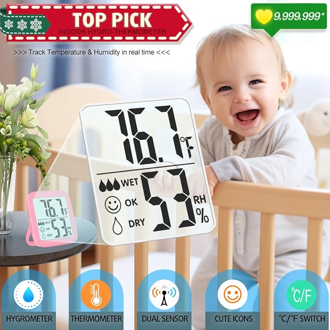 2 Pack Room Thermometer Indoor Hygrometer | Monitor Temperature & Humidity, Accurate, Fast Read, Easy To View, Magnetic/Kickstand/Hanging, ℉/℃, w/ Battery, Compact