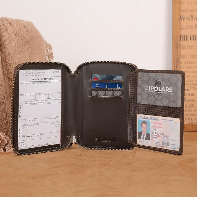 Polare Leather Pilot Wallet Passport Holder RFID Blocking Tri-fold Travel Cover Document Organizer for Aviation Professionals (Dark Brown(YKK Zipper Version))