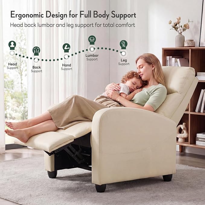 Massage Recliner Chair, Recliner Sofa Fabric for Adults, Recliners Home Theater Seating with Lumbar Support, Reclining Sofa Chair for Living Room, Cream