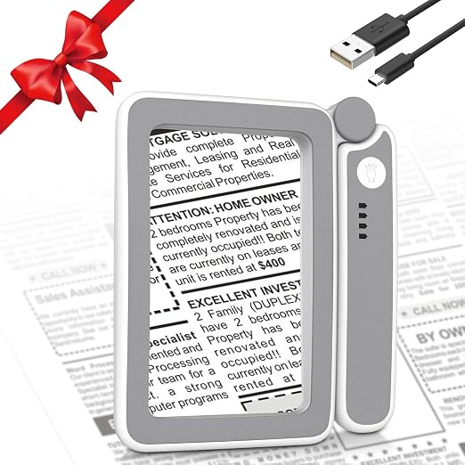 MoKo Magnifying Glass with Light, 4X Full-Page Folding Magnifier | Rechargeable magnifying glass for reading has 10 LEDs, 3 light levels and a 4.3 x 2.5 inch acrylic lens; grey.