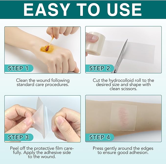 Hydrocolloid Roll for Wound Care - Cut-to-Size, Large Waterproof Hydrocolloid Patch Bandages with Self-Adhesive, Flexible & Ultra Absorbent, First Aid Kit Essential (2in x 11.8ft)