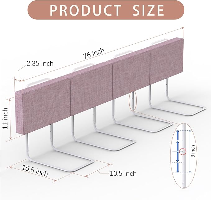 Bed Rail, Bed Bumper for Toddlers, Kid, 78.7 Inch Bed Side Rails Safety for Queen, King, Full, Twin, Bunk, Dorm Beds to Prevent Falls, Bed Barrier for Dogs, Easy Installation (Pink, 4 Packs)