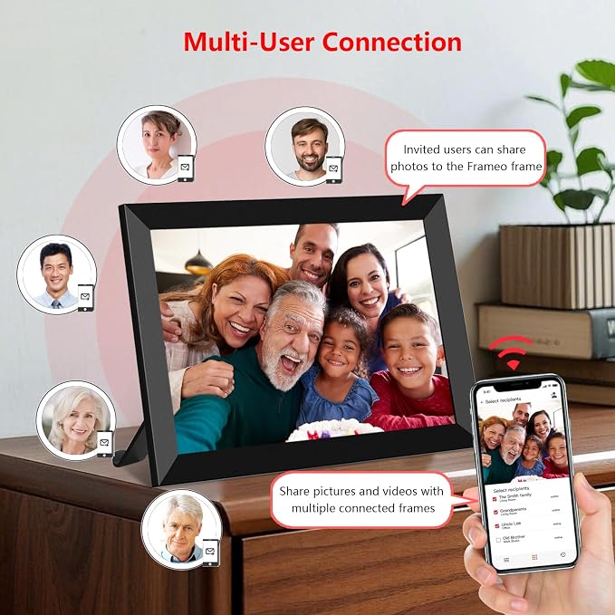 Frameo 10.1 Inch WiFi Digital Photo Frame with Calendar, 32GB Digital Picture Frame with 1280x800 IPS HD Touch Screen, Auto-Rotate Wall Mount, Easy Share Photos/Videos from Phone - Gifts for Mom