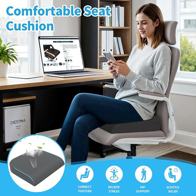 TranquilRelax 2XL Memory Foam Seat Cushion for Office Chair, 3.7-Inch, Gray | Medium-firm Support for Long Sitting, Washable Mesh Cover, Non-slip Base, Perfect for Car Seats & Short Drivers