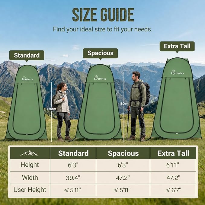 WolfWise Pop Up Shower Tent for Camping Essentials, Compact & Lightweight | Portable Instant Changing Tent with Window & Carry Bag, Privacy Dressing Room Bathroom for Outdoor, 6'3"/6'11" H