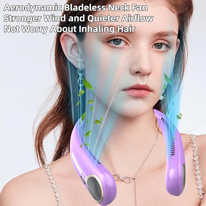 Portable Neck Fan, Personal Wearable Bladeless Fan, 6000mAh USB Rechargeable, 360° Airflow, LED Display, 4-Speeds, Hands Free Fan for Outdoor Indoor, Birthday Gifts for Men Women Dad Mom (Purple)