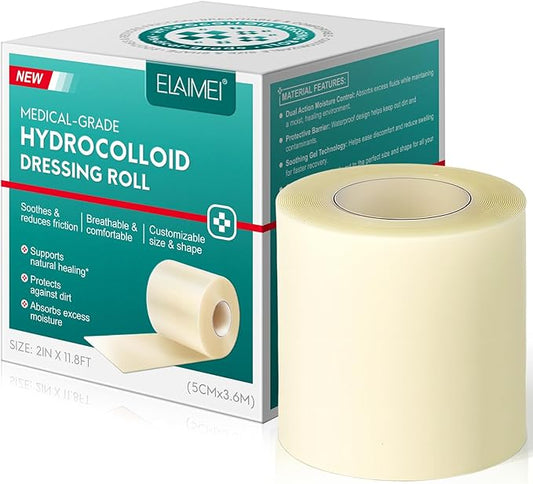 Hydrocolloid Roll for Wound Care - Cut-to-Size, Large Waterproof Hydrocolloid Patch Bandages with Self-Adhesive, Flexible & Ultra Absorbent, First Aid Kit Essential (2in x 11.8ft)