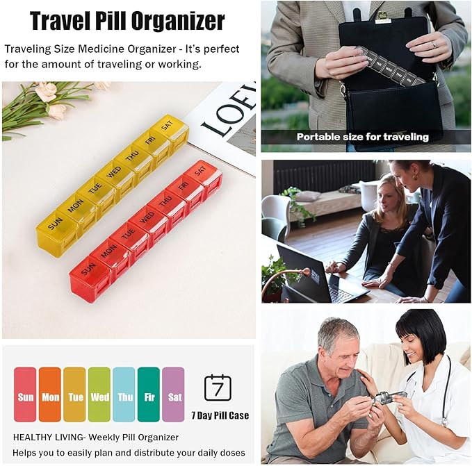 2 Pack Weekly Pill Organizer, Large 7 Day Pill Case, Daily Vitamin Case Medicine Box, AM/PM Pill Containers for Medicine Supplements Fish Oil (Orange & Red)