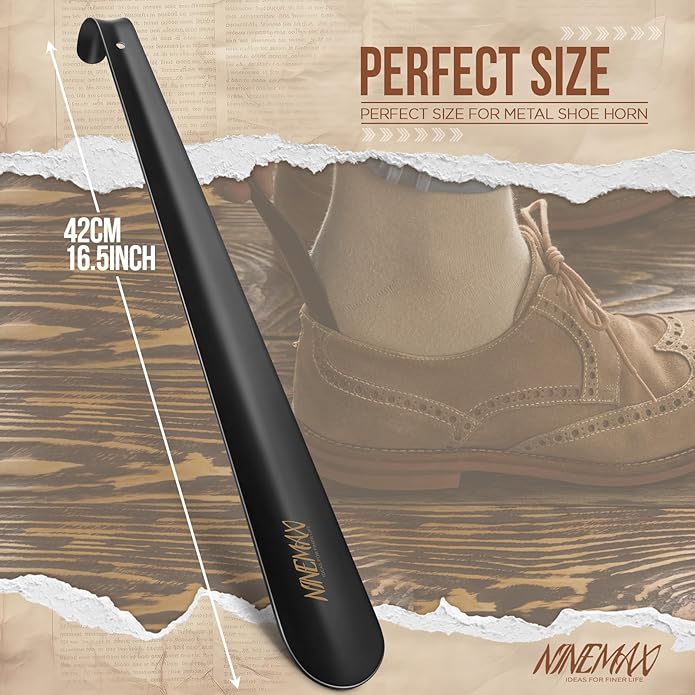 NINEMAX Shoe Horn Long Handle Metal 16.5" for Boot, Long Shoe Horns for Seniors for Men, Women