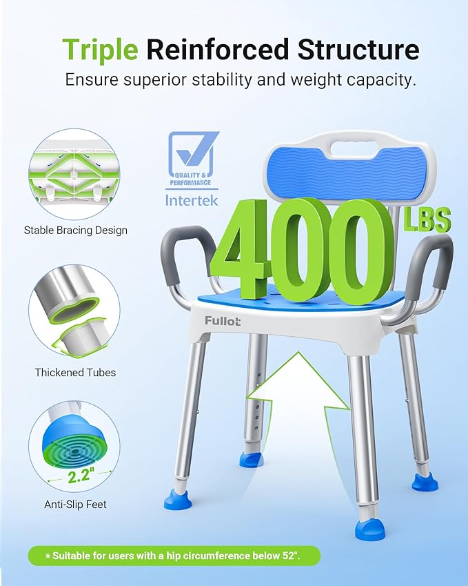Widened Shower Chair for Inside Shower with Padded Back & Arms,400 lbs Heavy Duty & Adjustable Shower Chair for Elderly and Disabled, Non-Slip Shower Seat, Bath Chair for Tub