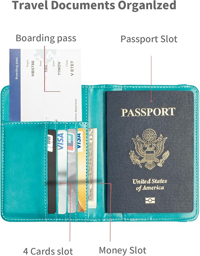 Passport Holder and Card Slot Combo RFID Blocking Leather Travel Passport Wallet for Men and Women US Passport Cover, Light Blue