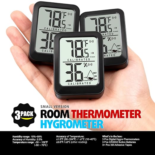 AyayaBoss 3 Pack Room Thermometer Indoor Hygrometer | Mini Size, Monitor Temperature & Humidity, Accurate Fast Read, Easy To View, Kickstand/Hanging/Wall Adhesive, ℉/℃, w/ Battery