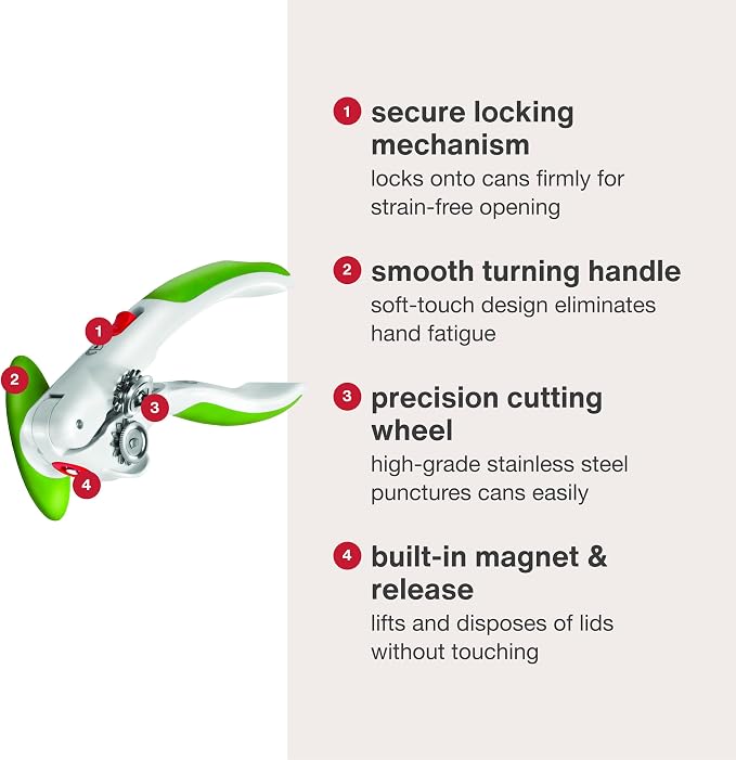 Zyliss Lock N' Lift Can Opener - Can Opener with Lid Lifter Magnet - Manual Can Opener with Locking Mechanism - Safe and Easy-to-Turn - Stainless Steel – Green