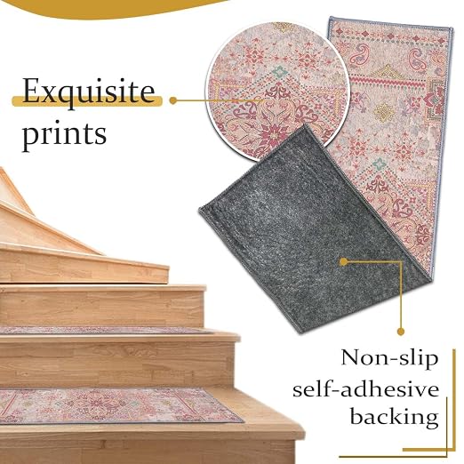 8”x 30” Carpet Stair, Anti-Slip Carpet Treads for Wooden Steps, Self-Adhesive Decorative Stair Runners, Slip-Resistant Treads for Indoor Wooden Staircases (4, Pink, 8X30 inch)
