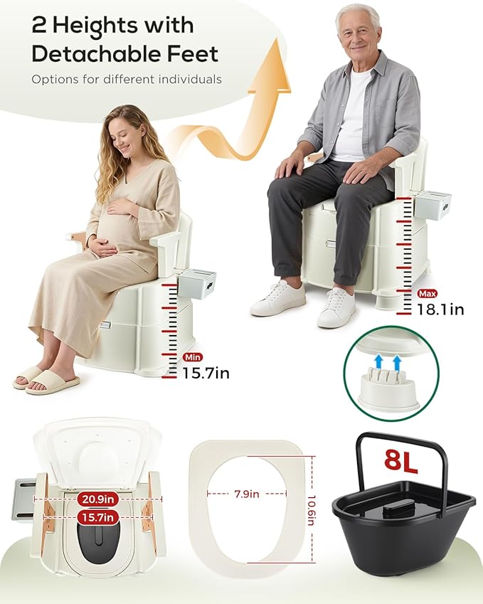 880 Lbs Heavy Duty Bedside Commode, 3-in-1 Portable Potty Chair for Elderly & Adults, Camping Toilet with Motion Light, PU Padded Sofa Chair, 2 Heights, Buckets & Tissue Box