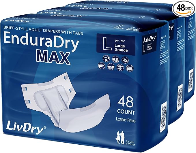 LivDry EnduraDry Max Adult Diapers with Tabs, Up to 12-Hours, Super Absorbent Incontinence Underwear, Leak Protection Briefs, Large, 48-Pack