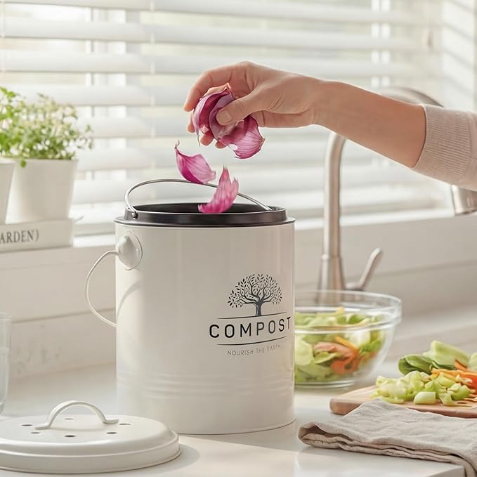 Perfnique Kitchen Compost Bin, 1.3 Gallon Countertop Compost Bin with Lid, Indoor Compost Bucket Includes Inner Bucket Liner and Carbon Filter, Small Compost Bin with Trash Bags (with Bags, Cream)