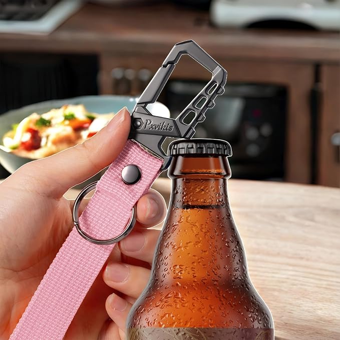 Metal heavy duty key chain carabiner clip bottle opener wrist lanyard ring car key fob unisex for men and women