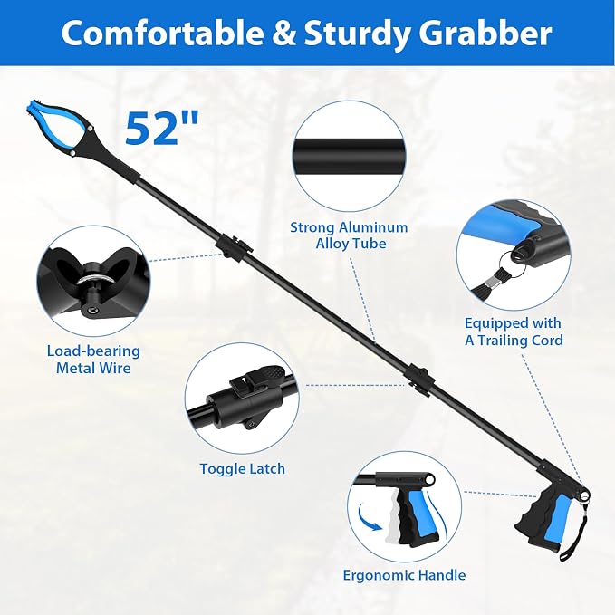 52 Inch Extra Long Grabber Reacher Tool, 2 Pack for Seniors | Long reach grabber tool for seniors 6'0"+, wheelchair. Aluminum, reaches 52 in. Two-hand use. Reacher grabber pickup tool
