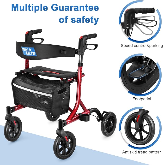 WALK MATE Rollator Walker for Seniors with Cup Holder, Upgraded Thumb Press Button for Height Adjustment, 4 x 8 Wheels Walker with Seat Padded Backrest Folding Lightweight Walking Aid, Red