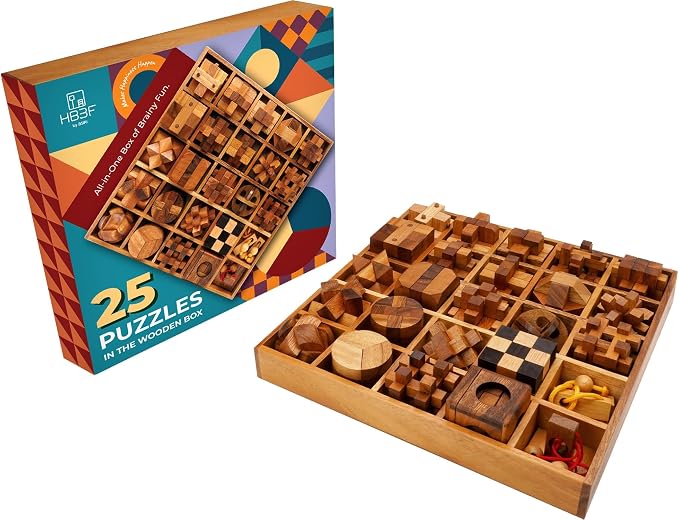 BSIRI 25 in 1 Wooden Brain Teaser Puzzles for Adults and Teens Interlocking 3D Mini Wood Mind Games Hand and Mind Puzzle Teasers Assembly & Disentanglement Set Toys Coffee Table Games Gift