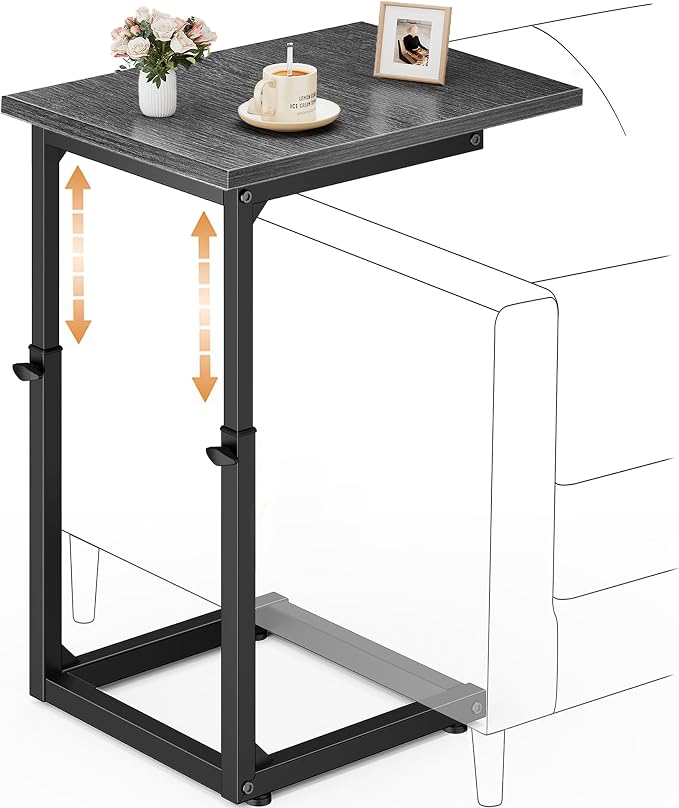 C-Shaped End Table, 33" Tall C Table Adjustable Height Side Table, Small Couch Table with Metal Frame, Slide Under Sofa TV Tray for Living Room, Bedroom, Bedside, Small Spaces, Gray Walnut