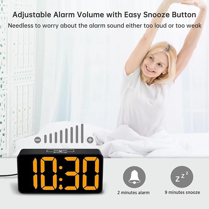 DreamSky Small Digital Alarm Clock for Bedroom with Large Big Numbers | Electric Bedside Desk Clock with USB Charging Port, Brightness Dimmer, Adjustable Alarm Volume, USB-C Adapter Powered