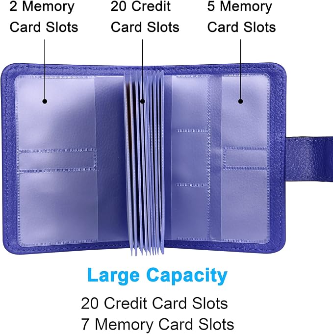 Wisdompro Credit Card Holder, RFID Blocking Wallet Debit Card Protector | Slim Leather Credit Card Organizer Case, Card Case with Magnetic Closure, 20 Card & 7 Memory Card Slots - Vertical Blue