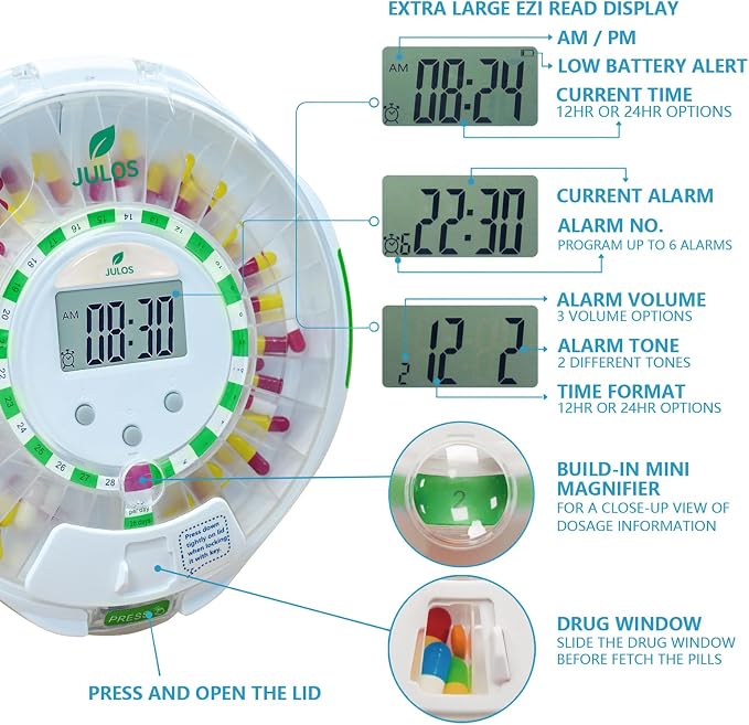 JULOS 28-Day Automatic Pill Dispenser with Audio & Visual Alerts for Elderly, up to 6 Alarms/Day, Easy-Read LCD Display, 9 Dosage Templates, Lock Medicine Dispenser for Medication, Vitamins, Clear Lid