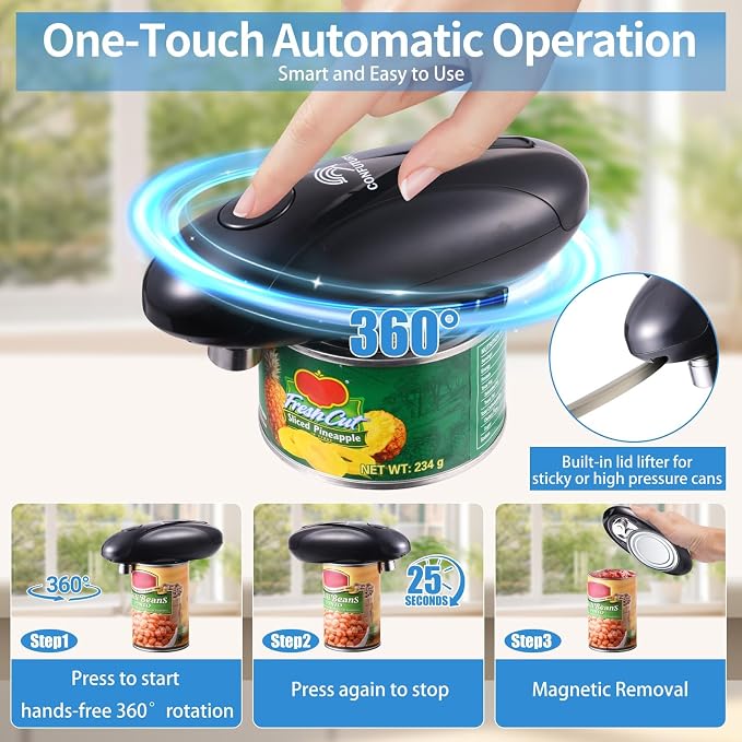 Can Opener Electric, USB-C Rechargeable One-Touch for Seniors (Black) | Smooth Edge Cutting, Angled Blade, Food-Safe, Hands Free, Magnetic Lid Catch, ABS Body, Portable for Camping